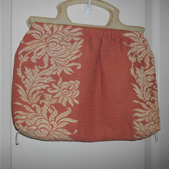 VINTAGE HANDMADE CORAL PINK FLORAL TAPESTRY HANDBAG PURSE - Picture 4 of 10